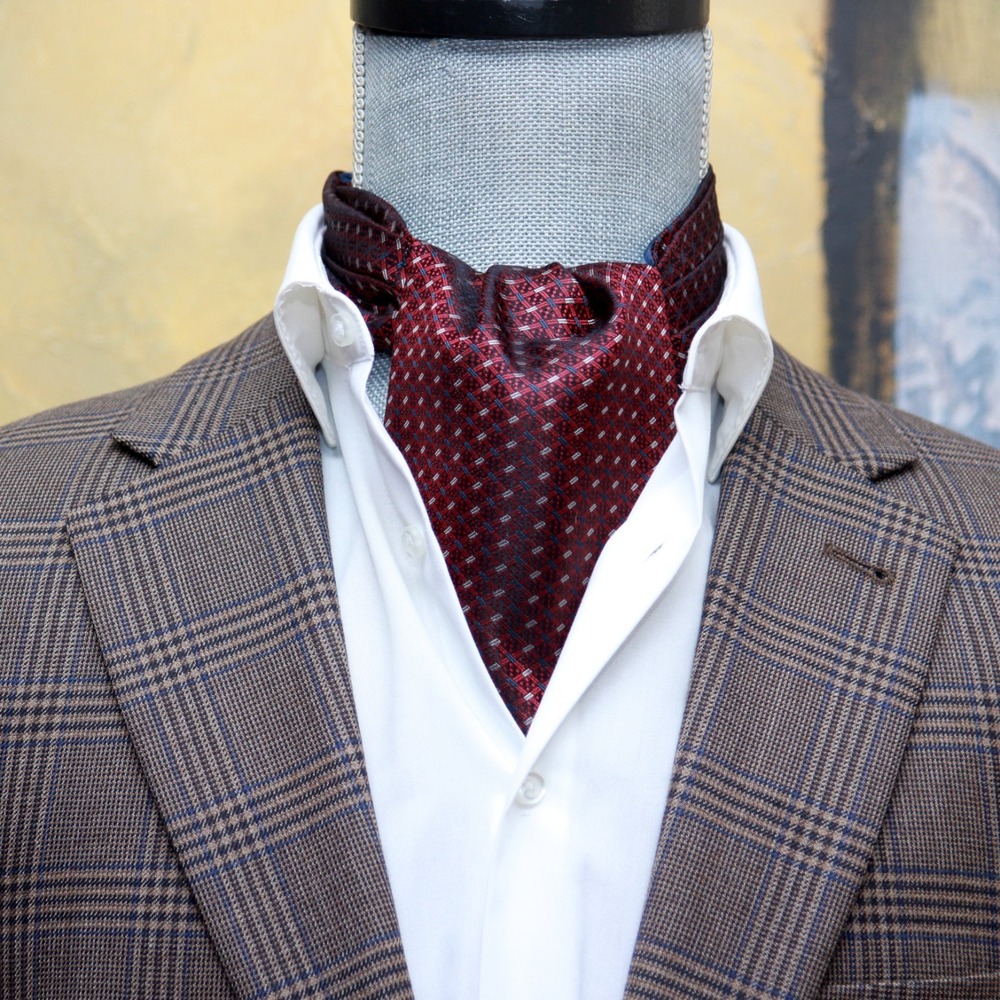 Men's‎ Silk Cravat Ascot Reversible Maroon & Gray 100% Silk New in Box
